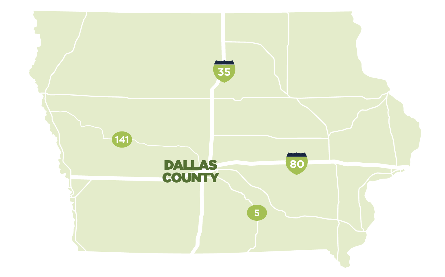 Map of Iowa with Dallas County marked on the map.